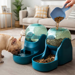 Dog and cat feeding station with food and water reservoirs